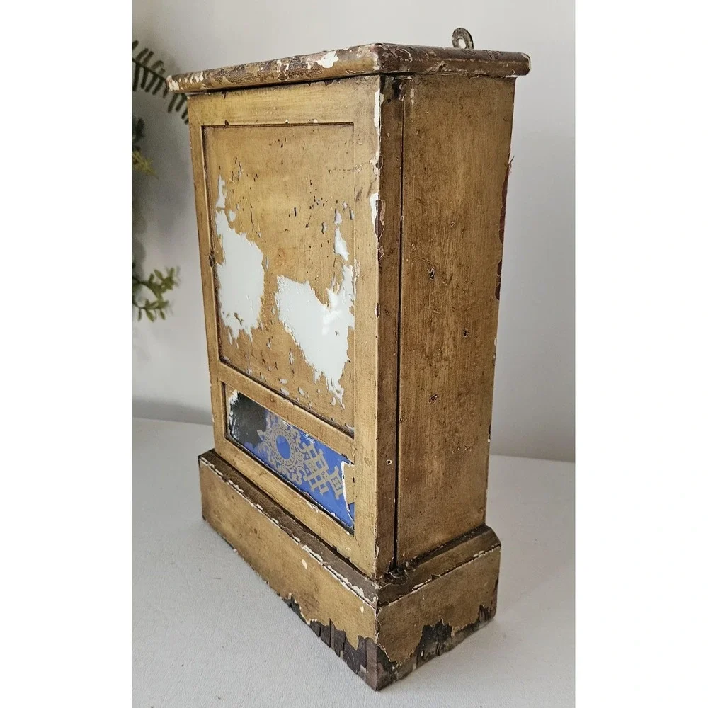 Primitive Wood Wall Cabinet Old Mustard Yellow Glass Panels